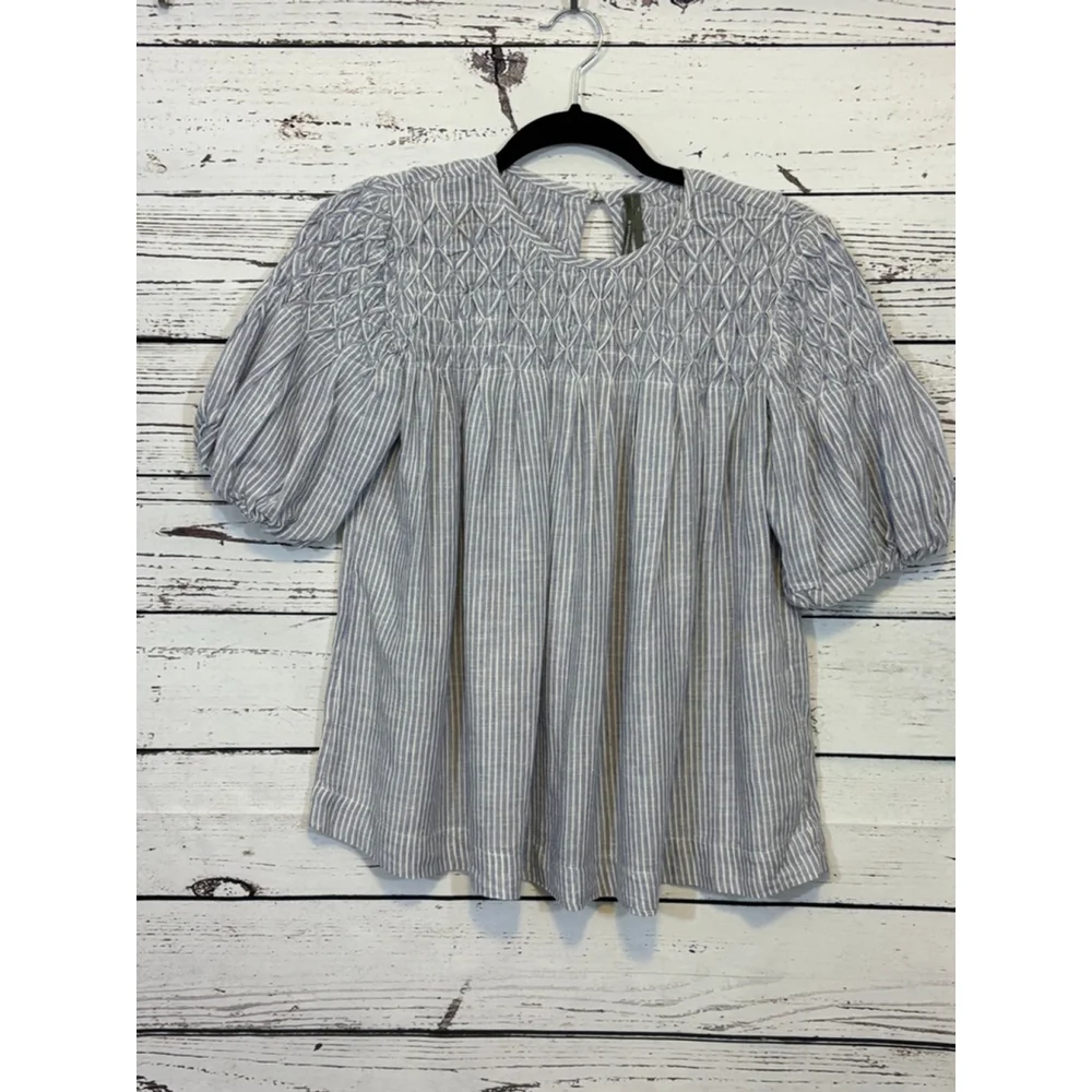 Women's Anthropologie Striped Smocked Blouse Blue/White Size XXS - Picture 2 of 7